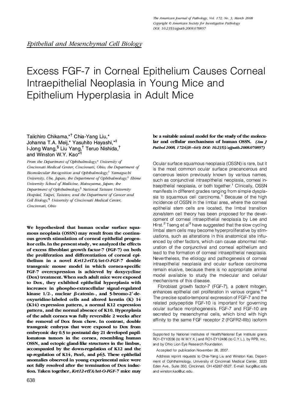 Excess FGF-7 in Corneal Epithelium Causes Corneal Intraepithelial Neoplasia in Young Mice and Epithelium Hyperplasia in Adult Mice 
