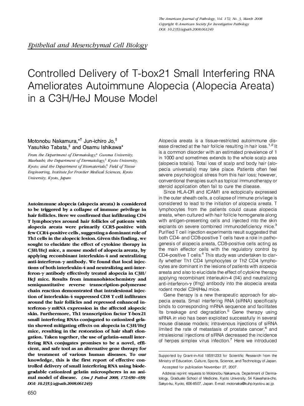 Controlled Delivery of T-box21 Small Interfering RNA Ameliorates Autoimmune Alopecia (Alopecia Areata) in a C3H/HeJ Mouse Model 