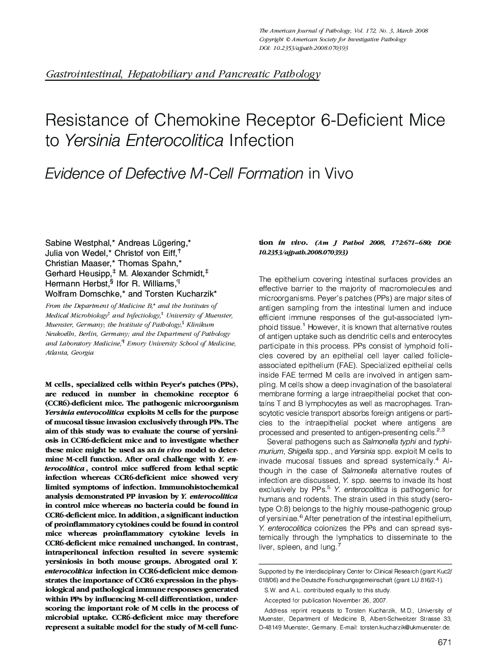 Resistance of Chemokine Receptor 6-Deficient Mice to Yersinia Enterocolitica Infection : Evidence of Defective M-Cell Formation in Vivo