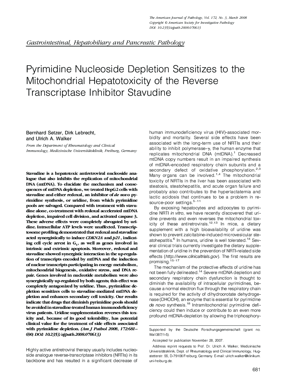 Pyrimidine Nucleoside Depletion Sensitizes to the Mitochondrial Hepatotoxicity of the Reverse Transcriptase Inhibitor Stavudine 
