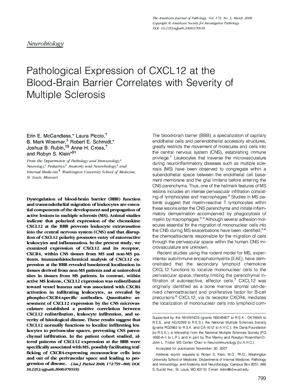 Pathological Expression of CXCL12 at the Blood-Brain Barrier Correlates with Severity of Multiple Sclerosis 
