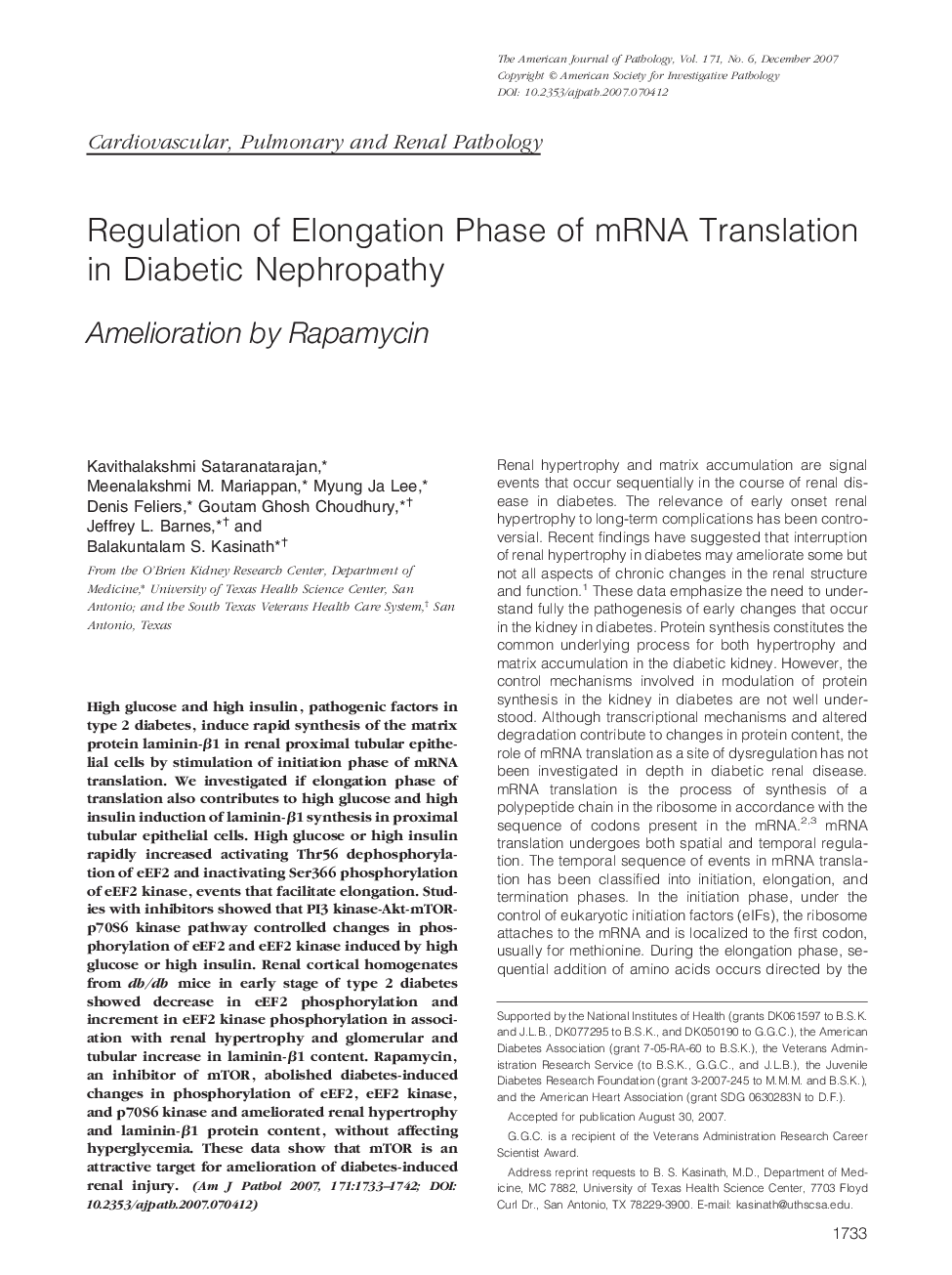 Regulation of Elongation Phase of mRNA Translation in Diabetic Nephropathy : Amelioration by Rapamycin