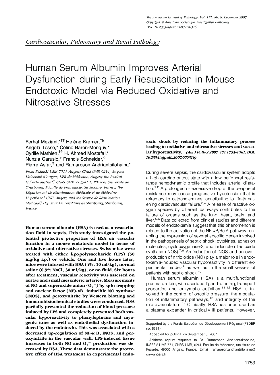 Human Serum Albumin Improves Arterial Dysfunction during Early Resuscitation in Mouse Endotoxic Model via Reduced Oxidative and Nitrosative Stresses 