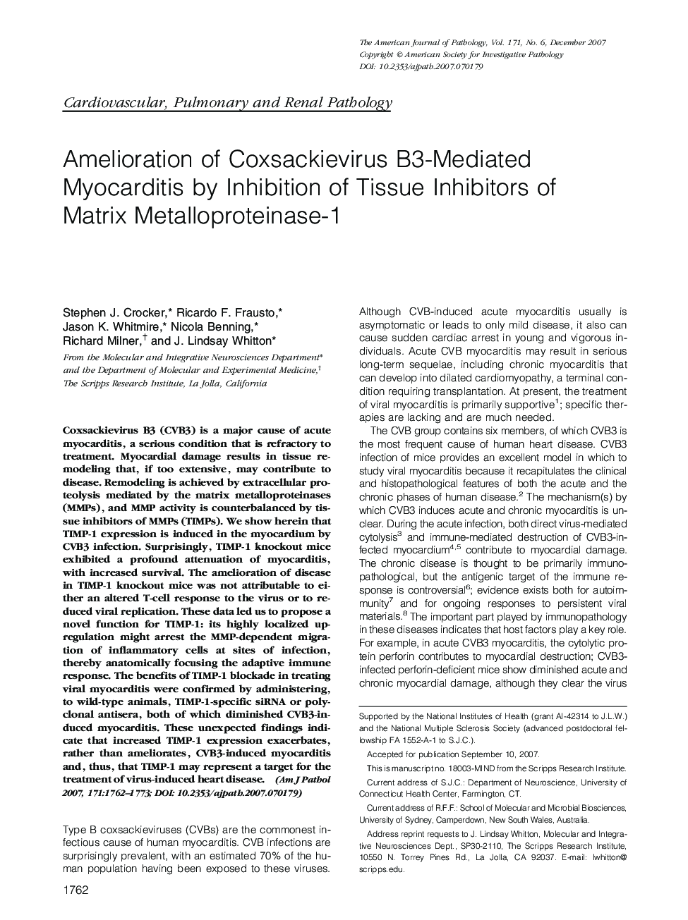 Amelioration of Coxsackievirus B3-Mediated Myocarditis by Inhibition of Tissue Inhibitors of Matrix Metalloproteinase-1 
