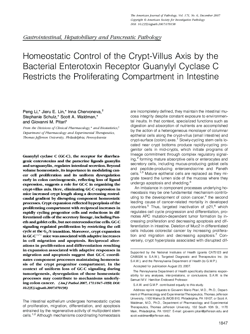 Homeostatic Control of the Crypt-Villus Axis by the Bacterial Enterotoxin Receptor Guanylyl Cyclase C Restricts the Proliferating Compartment in Intestine 