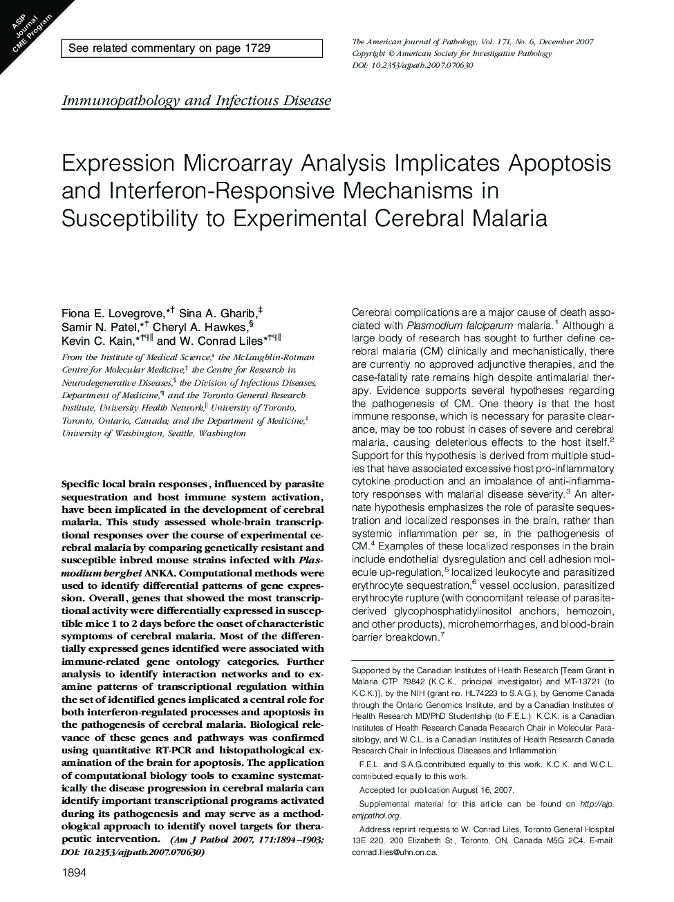 Expression Microarray Analysis Implicates Apoptosis and Interferon-Responsive Mechanisms in Susceptibility to Experimental Cerebral Malaria 