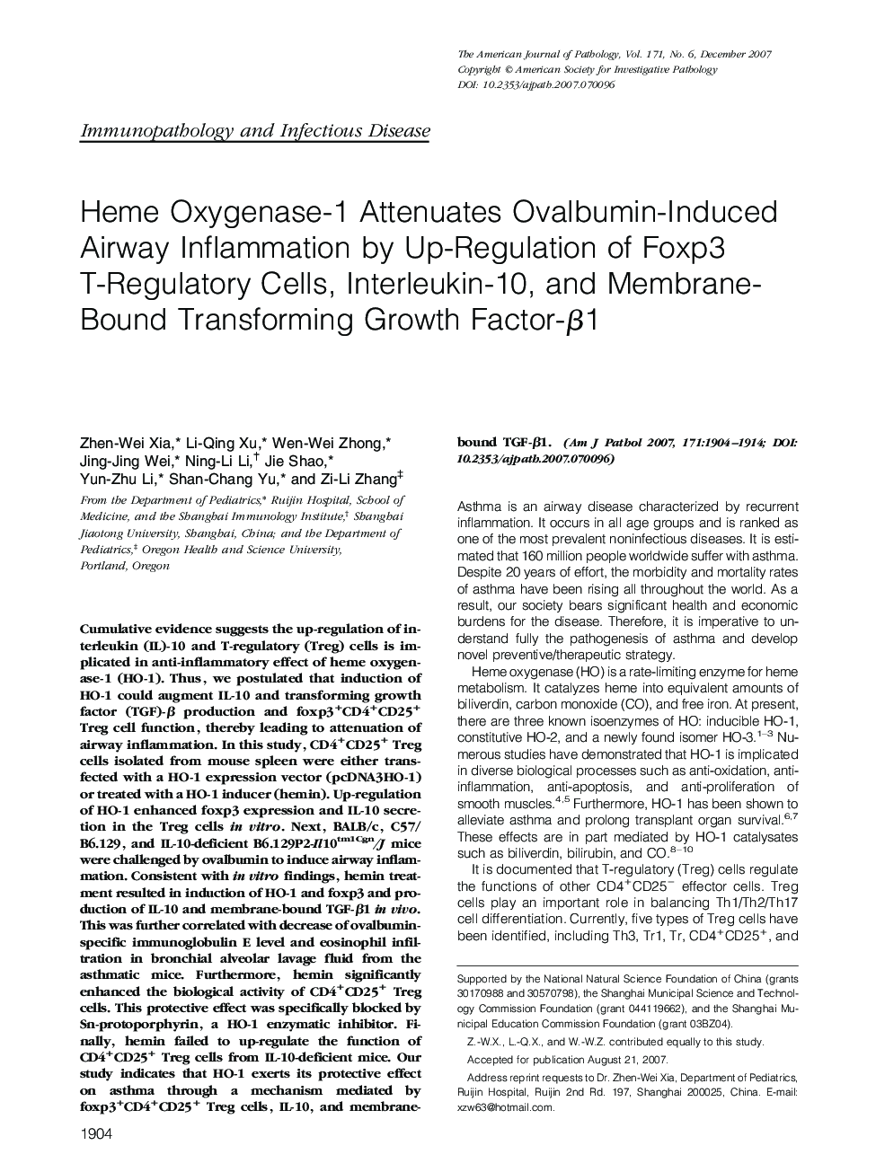 Heme Oxygenase-1 Attenuates Ovalbumin-Induced Airway Inflammation by Up-Regulation of Foxp3 T-Regulatory Cells, Interleukin-10, and Membrane-Bound Transforming Growth Factor-β1 
