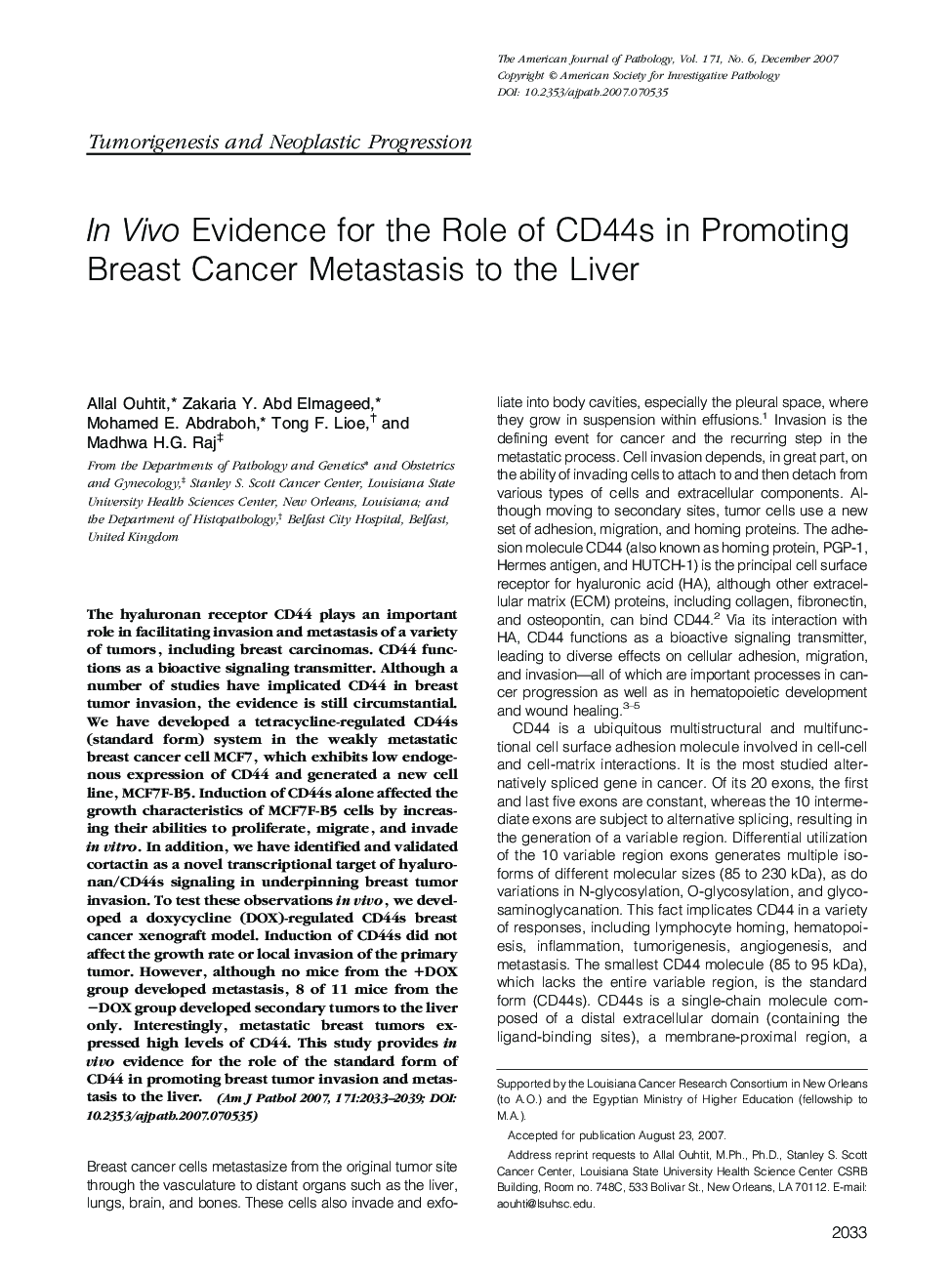 In Vivo Evidence for the Role of CD44s in Promoting Breast Cancer Metastasis to the Liver 