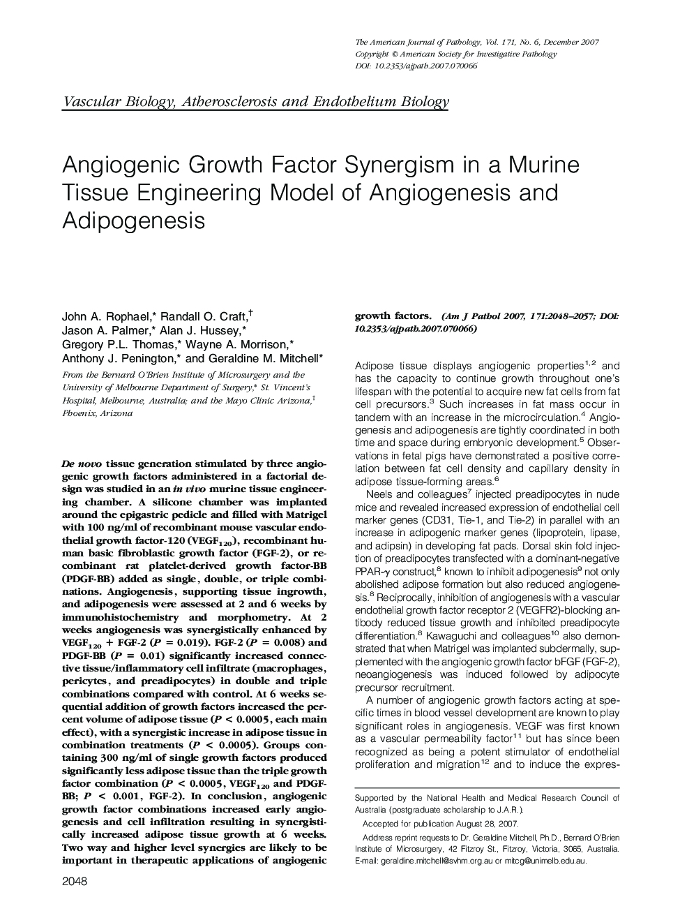 Angiogenic Growth Factor Synergism in a Murine Tissue Engineering Model of Angiogenesis and Adipogenesis 