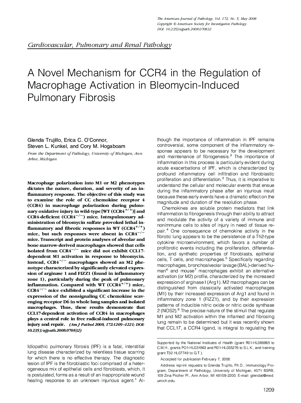 A Novel Mechanism for CCR4 in the Regulation of Macrophage Activation in Bleomycin-Induced Pulmonary Fibrosis 