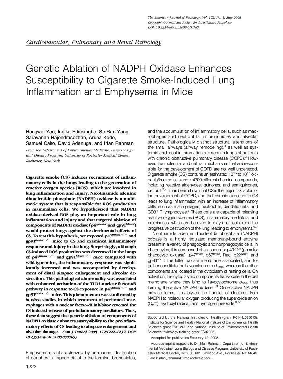 Genetic Ablation of NADPH Oxidase Enhances Susceptibility to Cigarette Smoke-Induced Lung Inflammation and Emphysema in Mice 