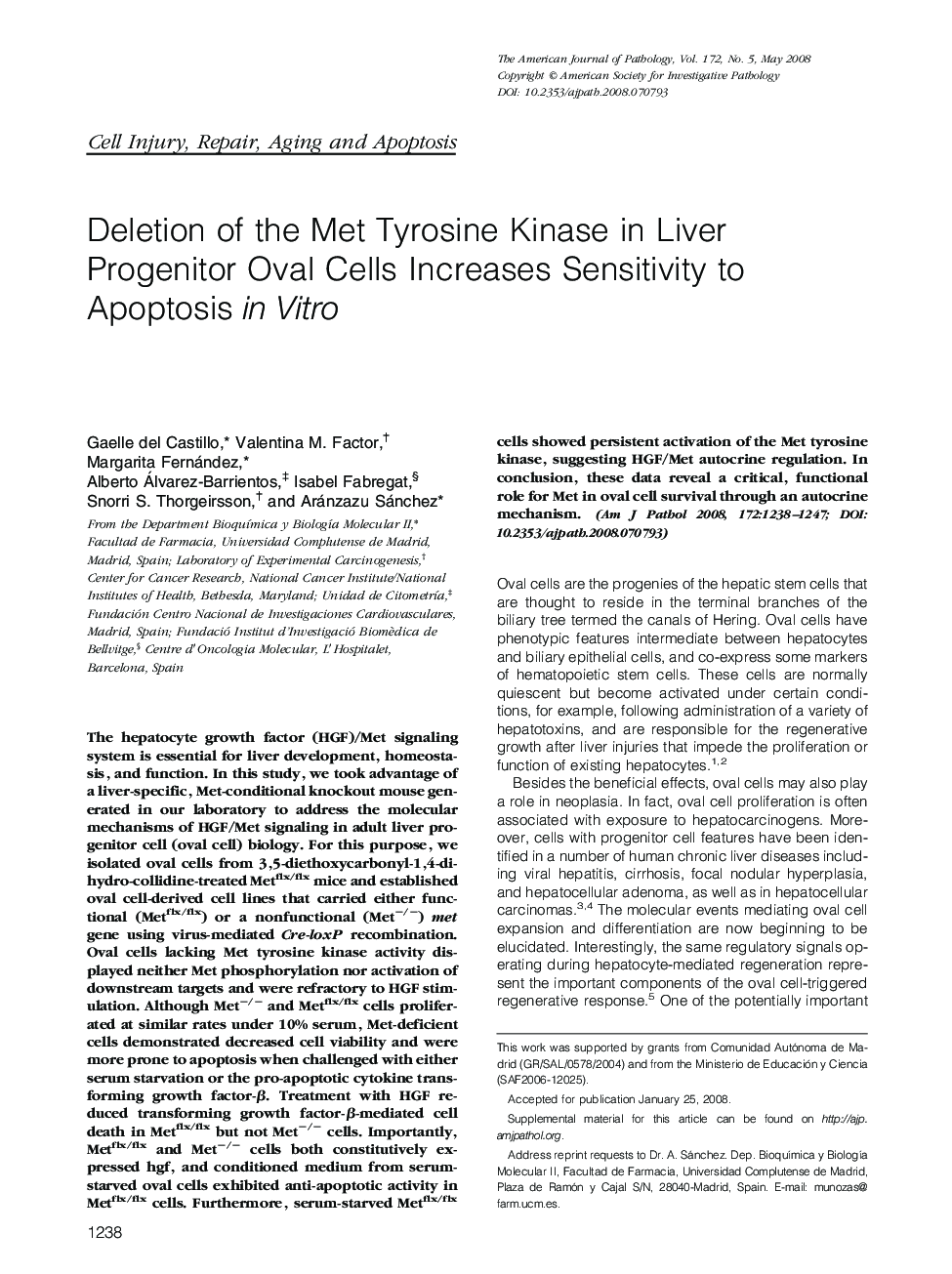 Deletion of the Met Tyrosine Kinase in Liver Progenitor Oval Cells Increases Sensitivity to Apoptosis in Vitro 