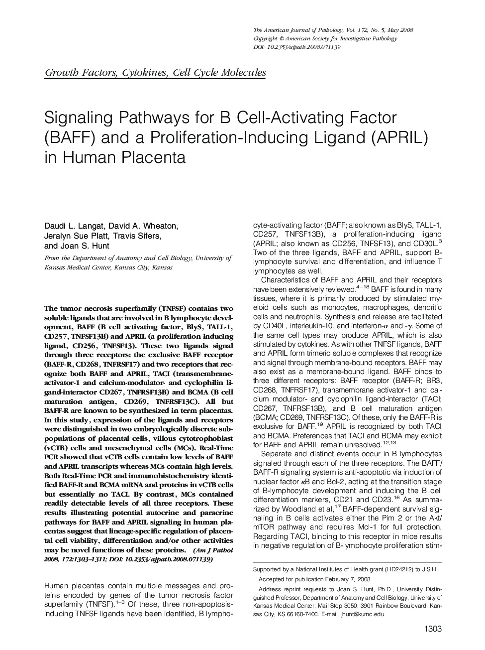 Signaling Pathways for B Cell-Activating Factor (BAFF) and a Proliferation-Inducing Ligand (APRIL) in Human Placenta 