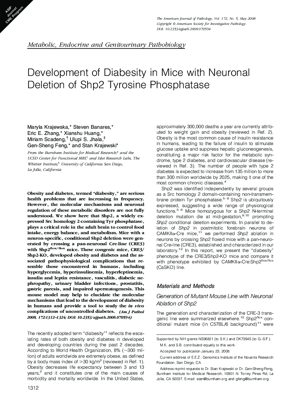 Development of Diabesity in Mice with Neuronal Deletion of Shp2 Tyrosine Phosphatase 