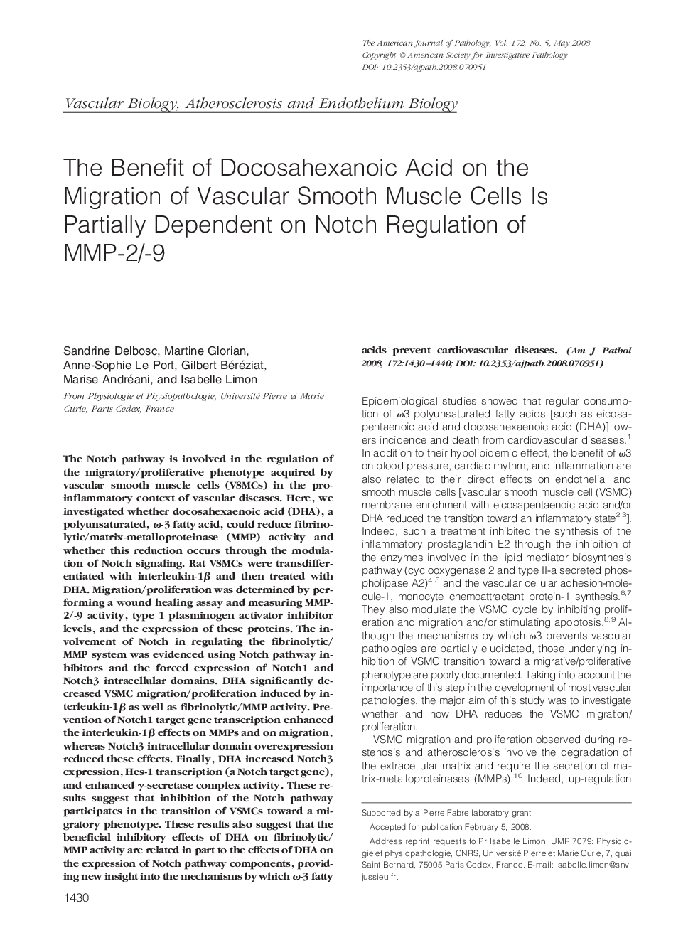 The Benefit of Docosahexanoic Acid on the Migration of Vascular Smooth Muscle Cells Is Partially Dependent on Notch Regulation of MMP-2/-9 