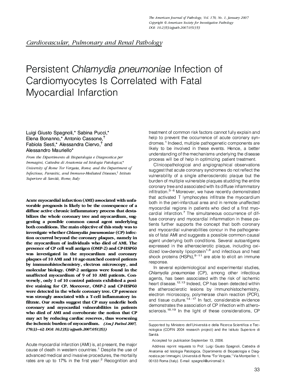 Persistent Chlamydia pneumoniae Infection of Cardiomyocytes Is Correlated with Fatal Myocardial Infarction 
