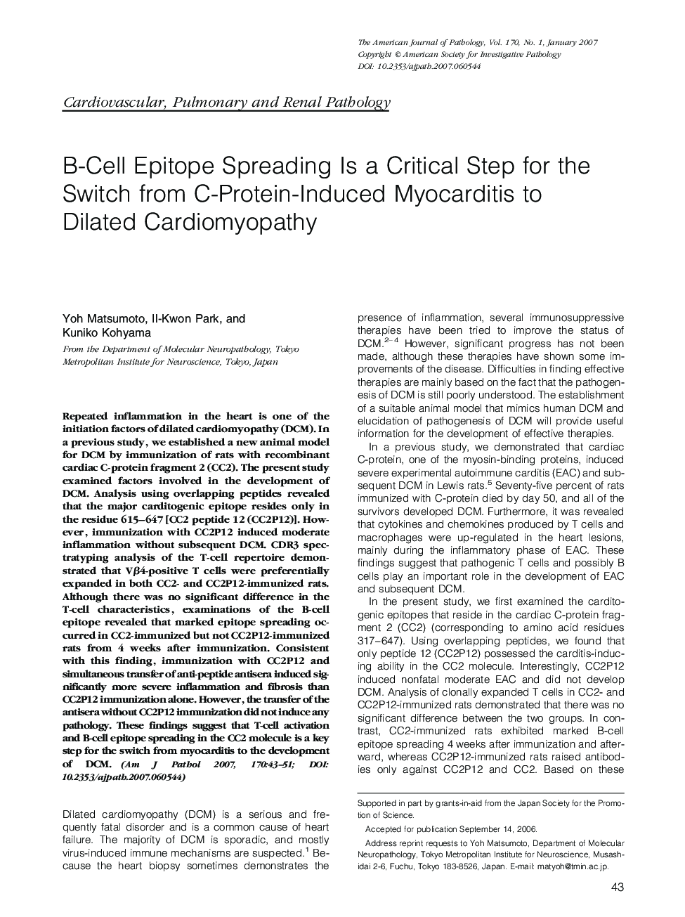 B-Cell Epitope Spreading Is a Critical Step for the Switch from C-Protein-Induced Myocarditis to Dilated Cardiomyopathy 