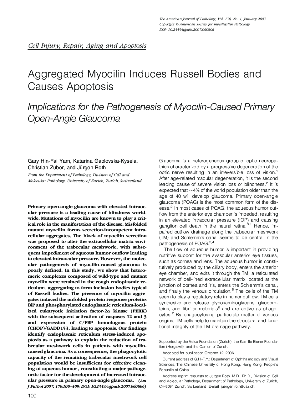 Aggregated Myocilin Induces Russell Bodies and Causes Apoptosis : Implications for the Pathogenesis of Myocilin-Caused Primary Open-Angle Glaucoma
