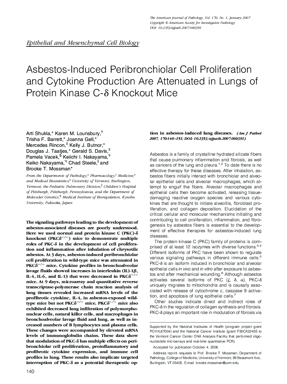 Asbestos-Induced Peribronchiolar Cell Proliferation and Cytokine Production Are Attenuated in Lungs of Protein Kinase C-δ Knockout Mice 
