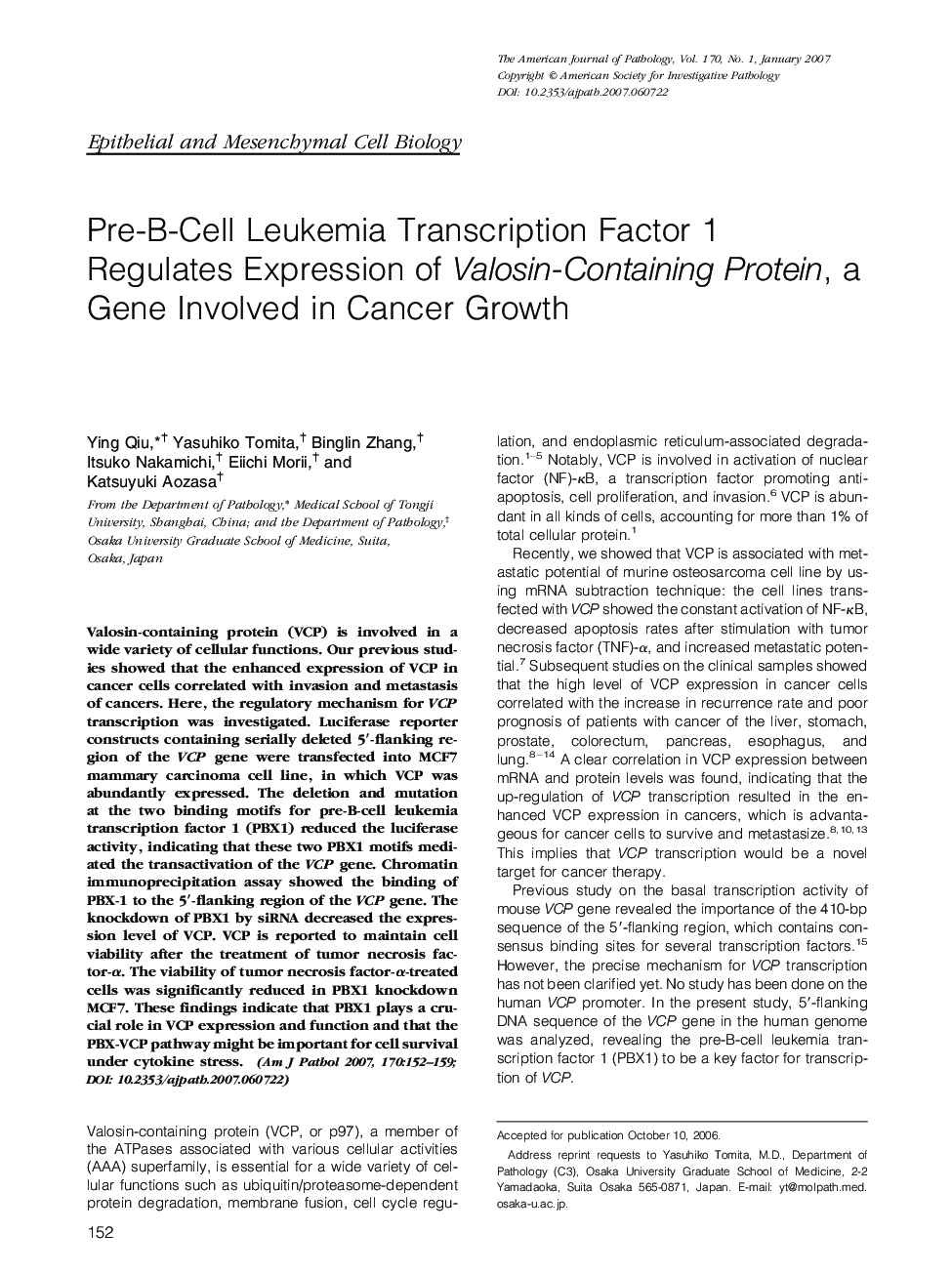 Pre-B-Cell Leukemia Transcription Factor 1 Regulates Expression of Valosin-Containing Protein, a Gene Involved in Cancer Growth