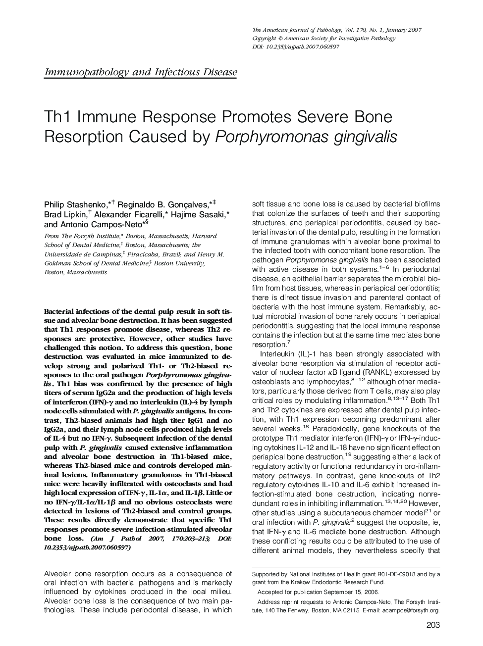 Th1 Immune Response Promotes Severe Bone Resorption Caused by Porphyromonas gingivalis 