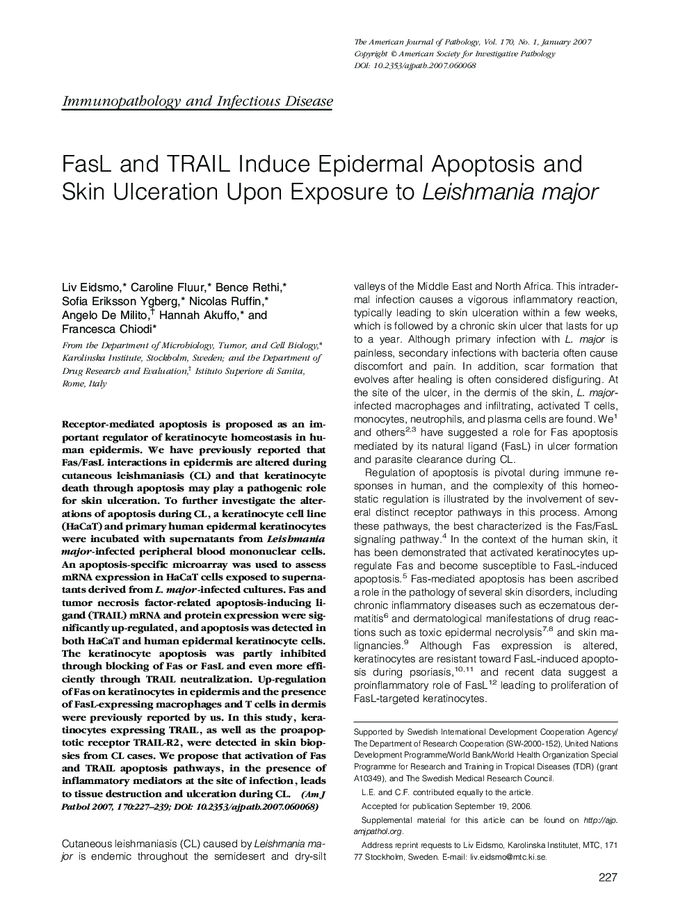 FasL and TRAIL Induce Epidermal Apoptosis and Skin Ulceration Upon Exposure to Leishmania major 