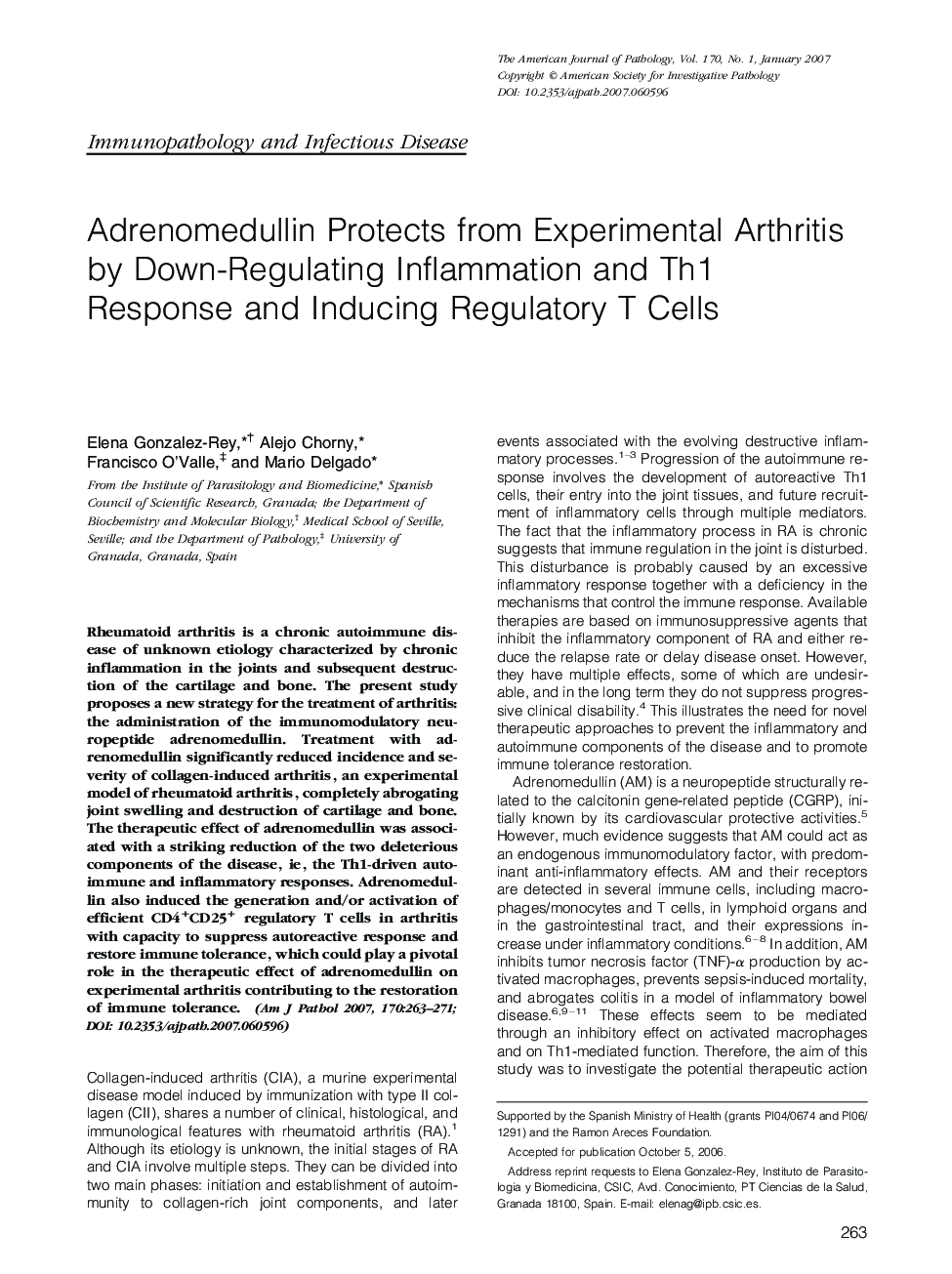 Adrenomedullin Protects from Experimental Arthritis by Down-Regulating Inflammation and Th1 Response and Inducing Regulatory T Cells 