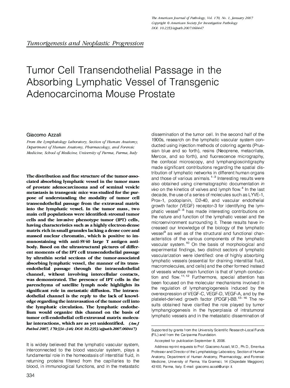 Tumor Cell Transendothelial Passage in the Absorbing Lymphatic Vessel of Transgenic Adenocarcinoma Mouse Prostate 