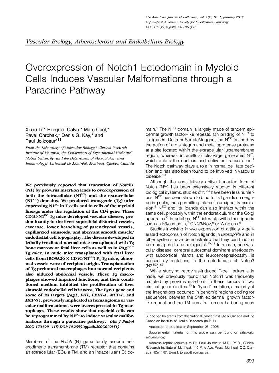 Overexpression of Notch1 Ectodomain in Myeloid Cells Induces Vascular Malformations through a Paracrine Pathway 
