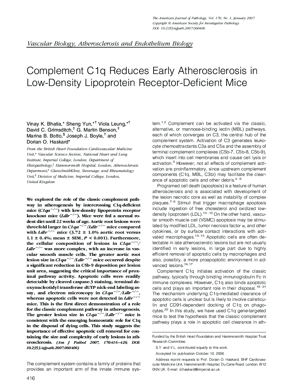 Complement C1q Reduces Early Atherosclerosis in Low-Density Lipoprotein Receptor-Deficient Mice 