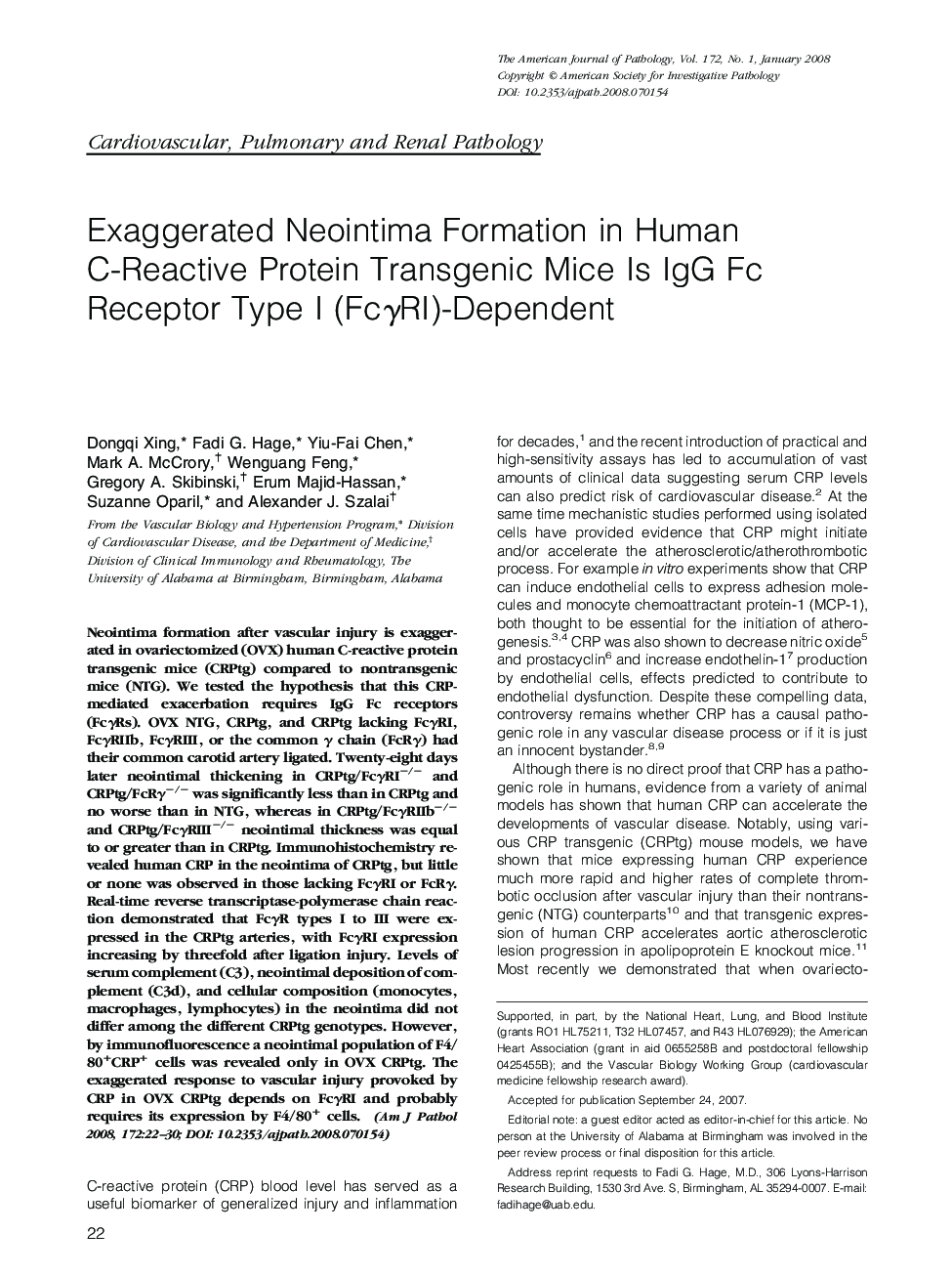 Exaggerated Neointima Formation in Human C-Reactive Protein Transgenic Mice Is IgG Fc Receptor Type I (FcγRI)-Dependent 