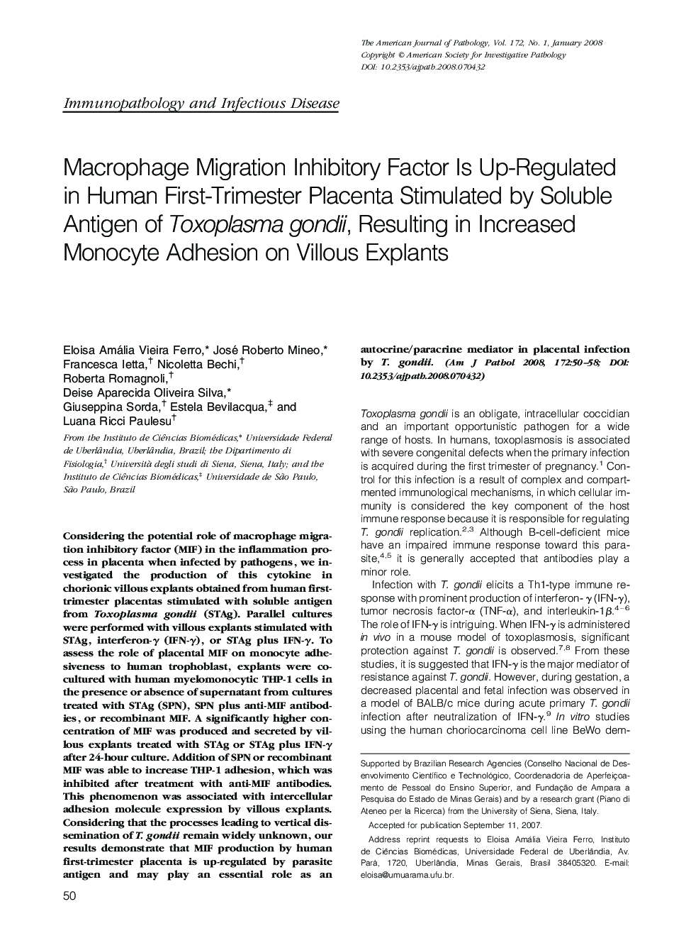 Macrophage Migration Inhibitory Factor Is Up-Regulated in Human First-Trimester Placenta Stimulated by Soluble Antigen of Toxoplasma gondii, Resulting in Increased Monocyte Adhesion on Villous Explants 