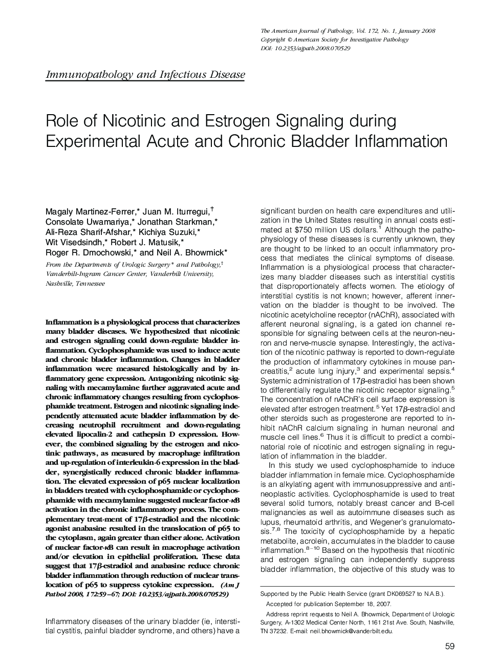 Role of Nicotinic and Estrogen Signaling during Experimental Acute and Chronic Bladder Inflammation 