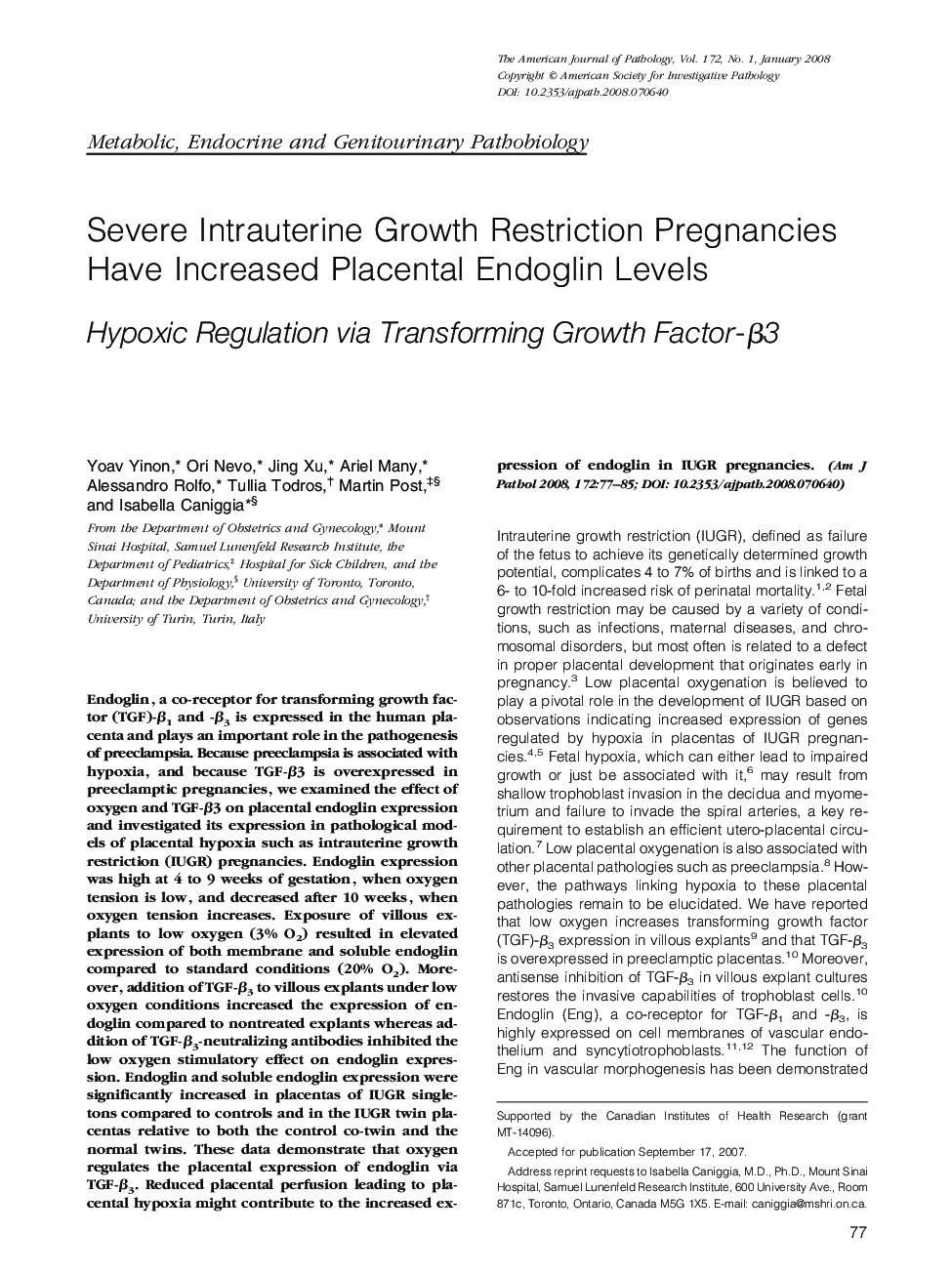 Severe Intrauterine Growth Restriction Pregnancies Have Increased Placental Endoglin Levels : Hypoxic Regulation via Transforming Growth Factor-β3