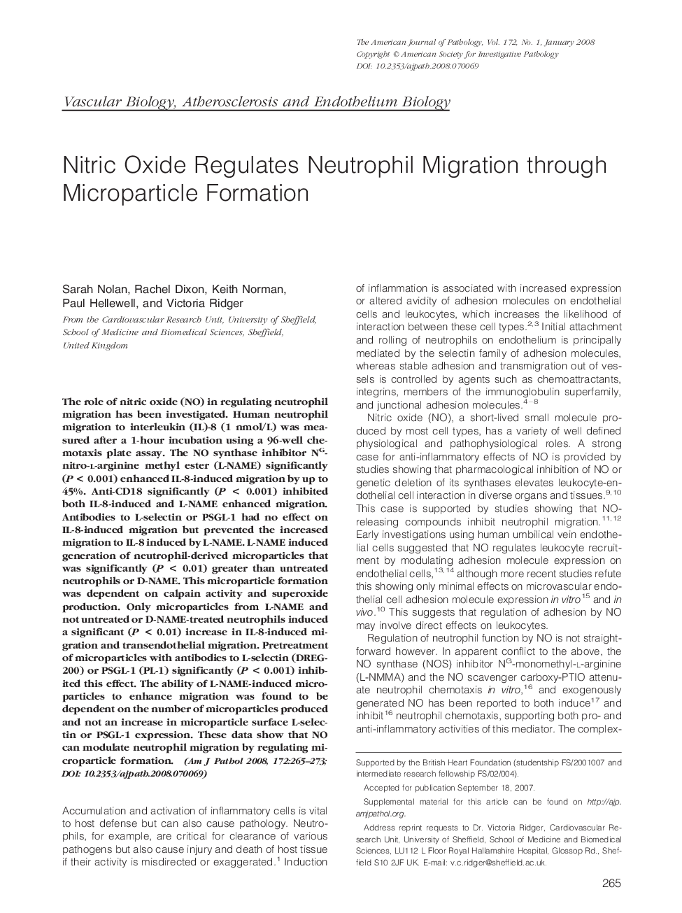 Nitric Oxide Regulates Neutrophil Migration through Microparticle Formation 