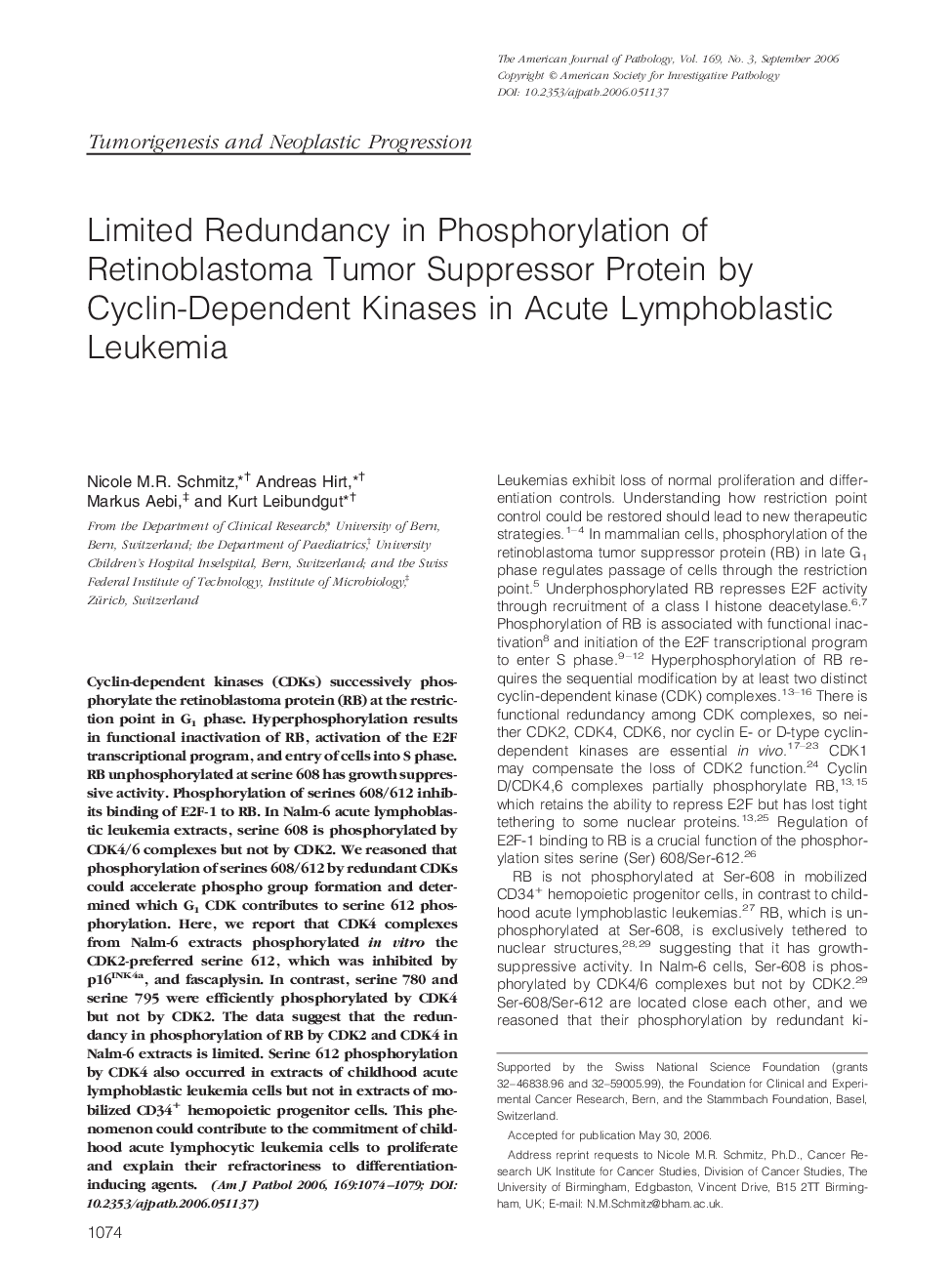 Limited Redundancy in Phosphorylation of Retinoblastoma Tumor Suppressor Protein by Cyclin-Dependent Kinases in Acute Lymphoblastic Leukemia 
