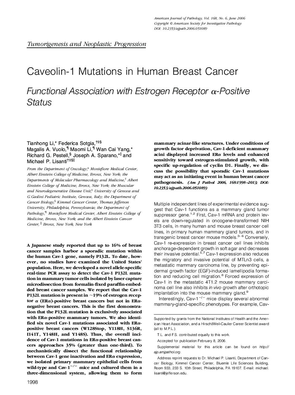 Caveolin-1 Mutations in Human Breast Cancer : Functional Association with Estrogen Receptor α-Positive Status