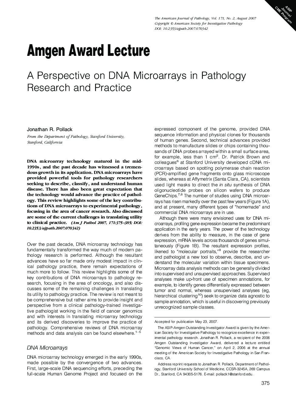 A Perspective on DNA Microarrays in Pathology Research and Practice 