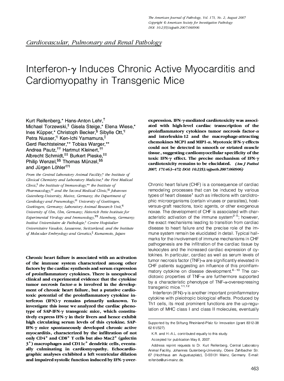 Interferon-γ Induces Chronic Active Myocarditis and Cardiomyopathy in Transgenic Mice 