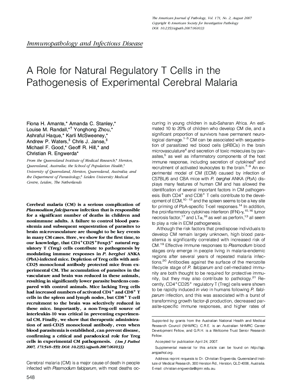 A Role for Natural Regulatory T Cells in the Pathogenesis of Experimental Cerebral Malaria 