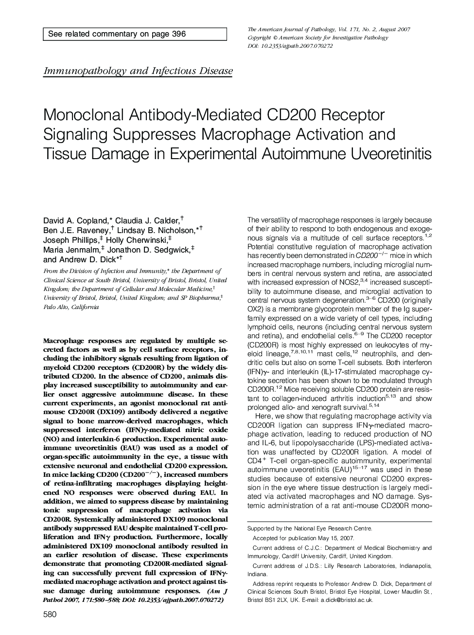عکس صفحه اول مقاله: Monoclonal Antibody-Mediated CD200 Receptor Signaling Suppresses Macrophage Activation and Tissue Damage in Experimental Autoimmune Uveoretinitis Monoclonal Antibody-Mediated CD200 Receptor Signaling Suppresses Macrophage Activation and Tissue Damage in Experimental Autoimmune Uveoretinitis