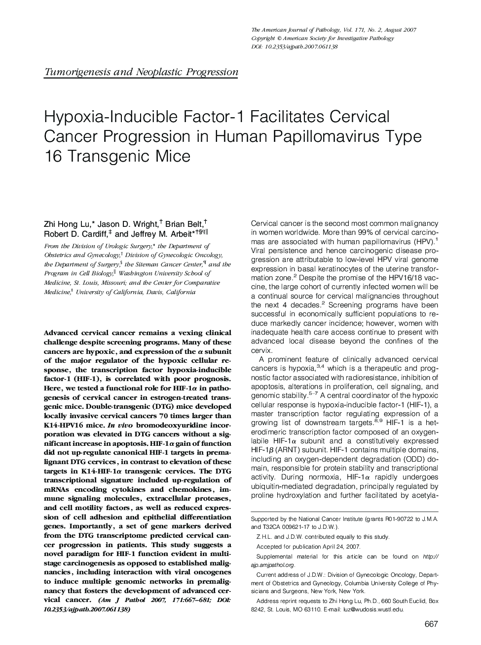 عکس صفحه اول مقاله: Hypoxia-Inducible Factor-1 Facilitates Cervical Cancer Progression in Human Papillomavirus Type 16 Transgenic Mice Hypoxia-Inducible Factor-1 Facilitates Cervical Cancer Progression in Human Papillomavirus Type 16 Transgenic Mice