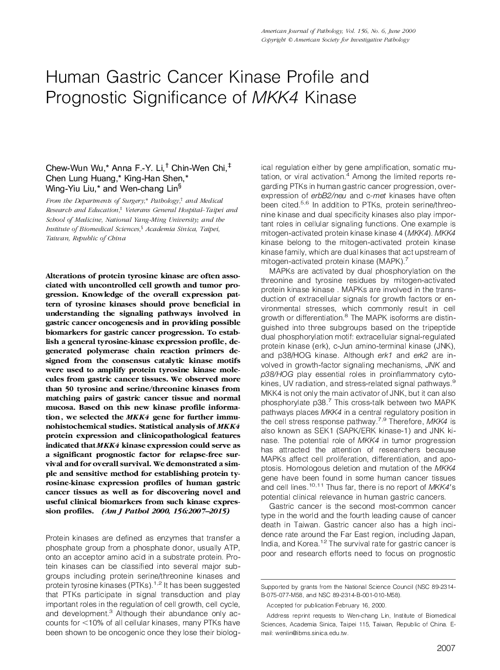 Human Gastric Cancer Kinase Profile and Prognostic Significance of MKK4 Kinase 