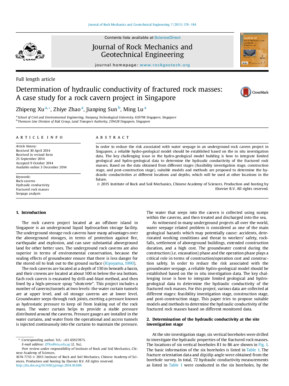 Determination of hydraulic conductivity of fractured rock masses: A case study for a rock cavern project in Singapore 