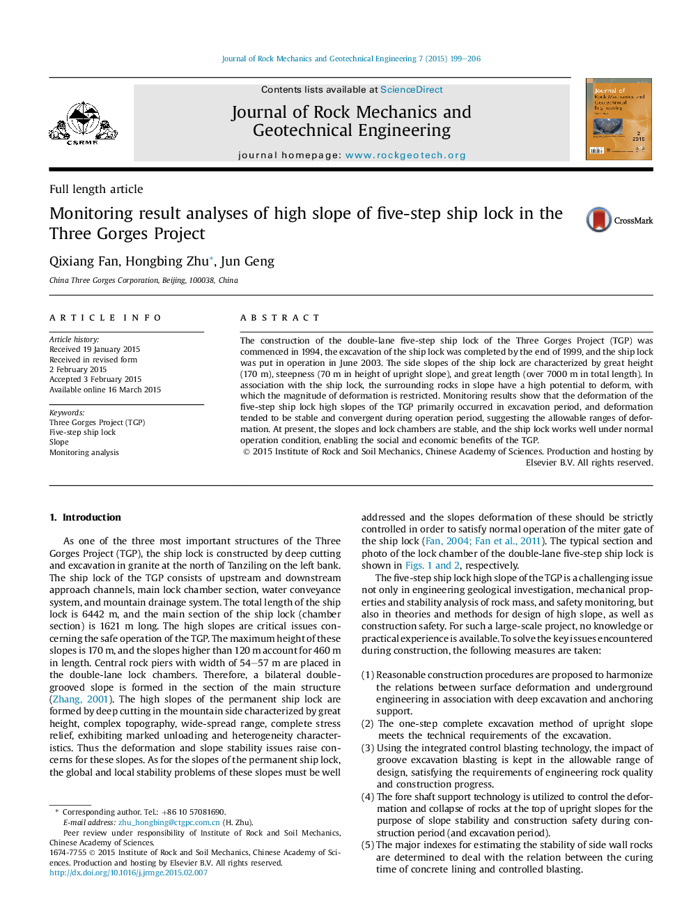 Monitoring result analyses of high slope of five-step ship lock in the Three Gorges Project 