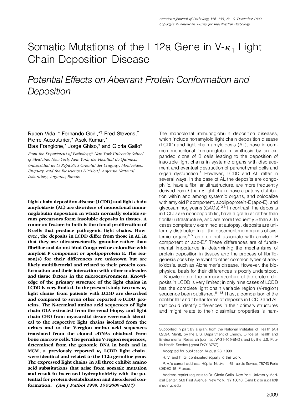 Somatic Mutations of the L12a Gene in V-κ1 Light Chain Deposition Disease : Potential Effects on Aberrant Protein Conformation and Deposition