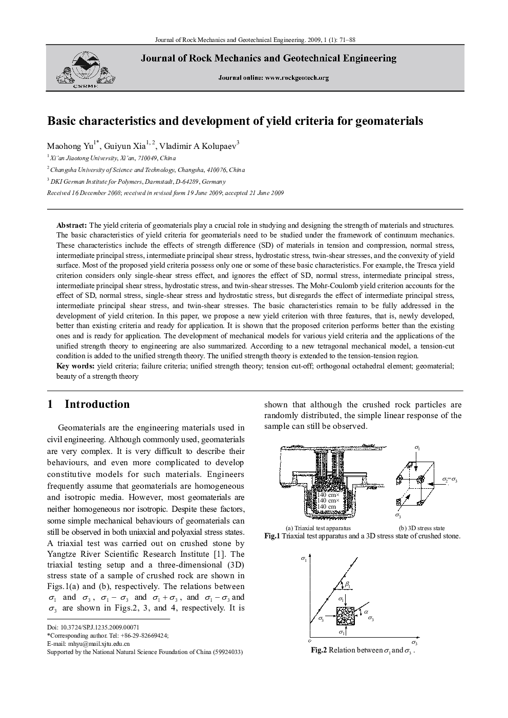 Basic characteristics and development of yield criteria for geomaterials 