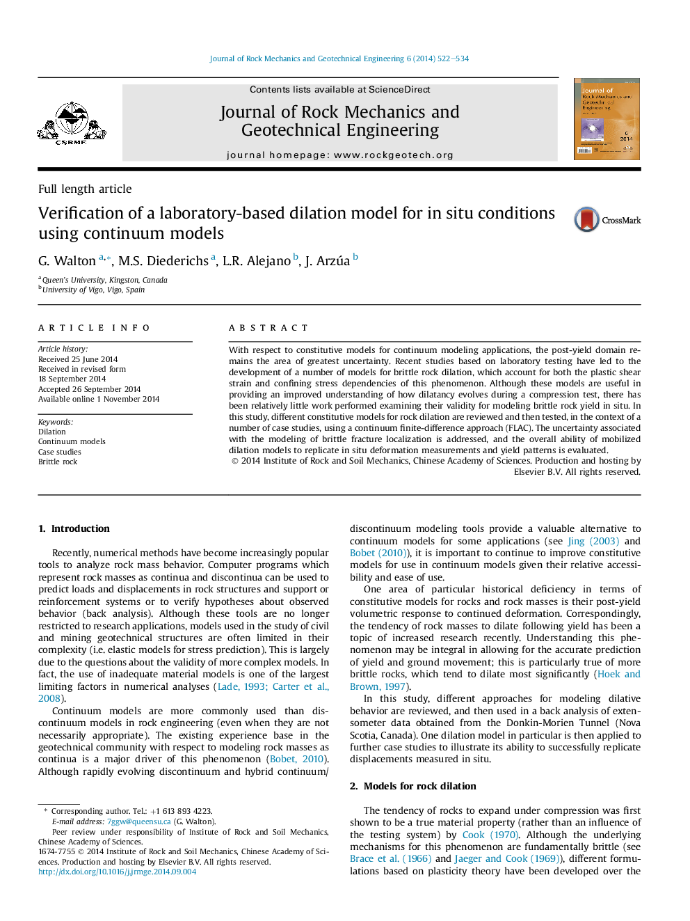 Verification of a laboratory-based dilation model for in situ conditions using continuum models 