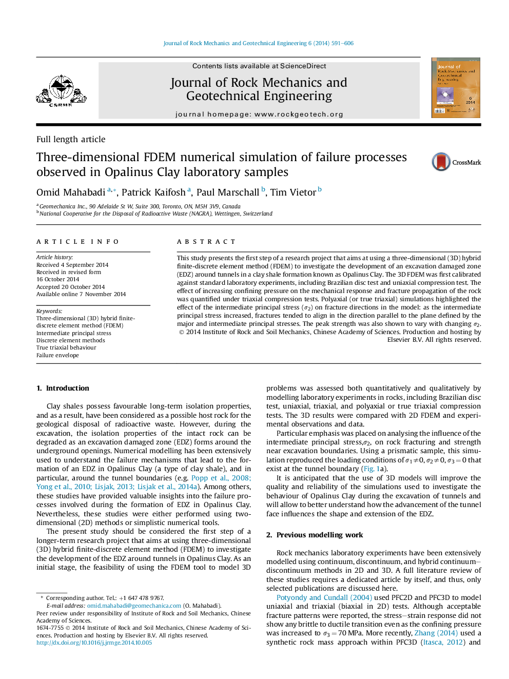 Three-dimensional FDEM numerical simulation of failure processes observed in Opalinus Clay laboratory samples 