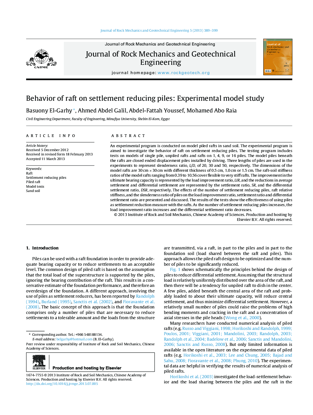 Behavior of raft on settlement reducing piles: Experimental model study 